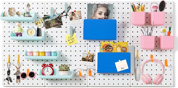 Wall Mounted Key Hooks Organizer with Pegboard Panel, 44"x22" Heavy Duty Pegboards with 2 Installation Methods, Hanging Wall Storage for Home, Garage & Office, White
