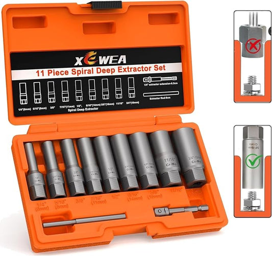 XEWEA 11PCS Deep Spiral Bolt Extractor Kit, Bolt & Nut Remover Easy-Out Set, Deep Socket Tools For Removing Broken, Frozen, Rusted, Rounded-Off Bolts, Studs, Nuts & Screws,Friendly Narrow Spaces