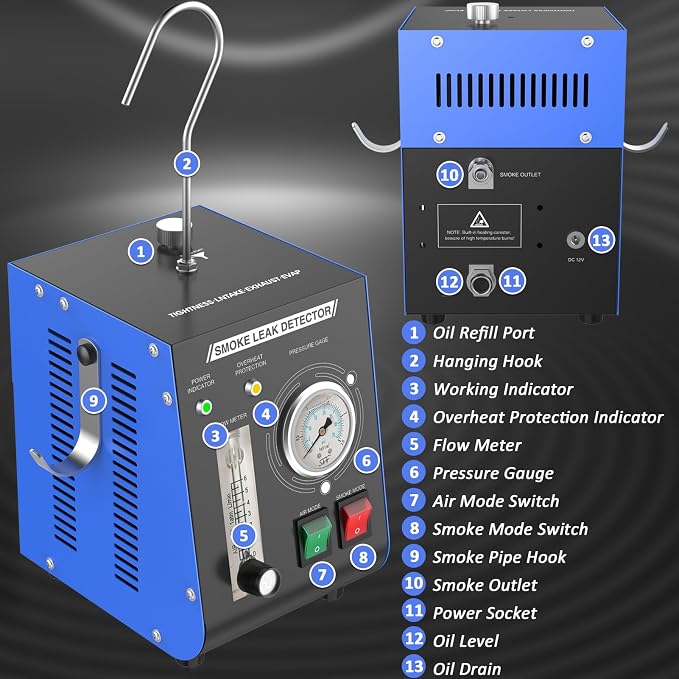 Smoke Machine Automotive Leak Detector Built in Air Pump, EVAP Smoke Machine Leak Tester with Pressure Gauge and Flow Meter, Dual Mode Smoke Tester Automotive for All DC 12V Vehicles