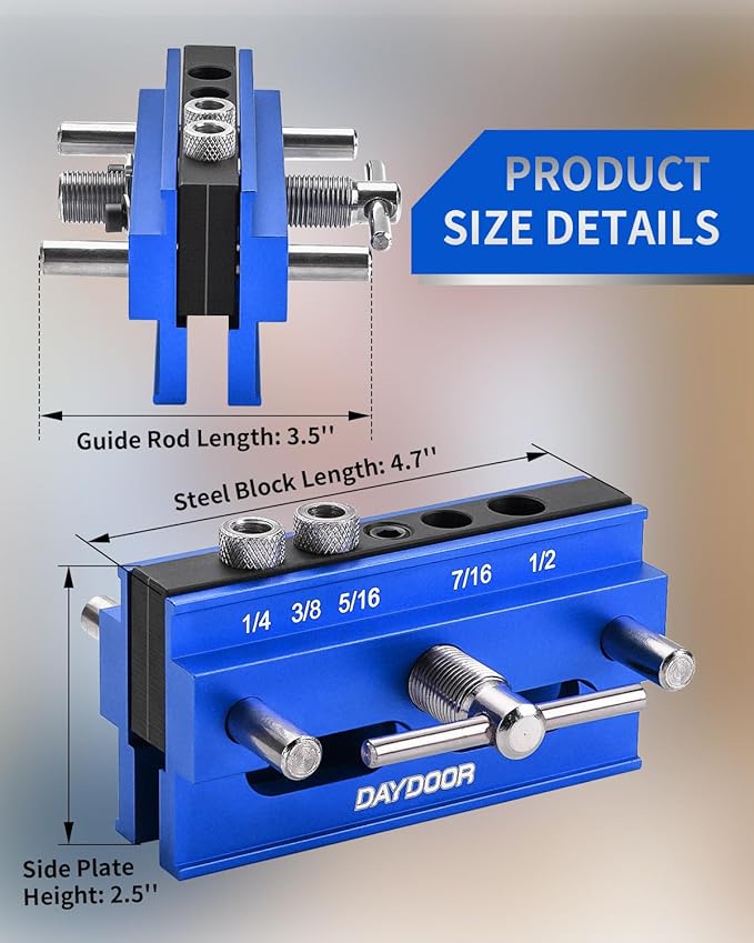 DAYDOOR 2.1" Self Centering Dowel Jig, Universal Capacity Doweling Jig & Drill Guide for Woodworking, Complete Kit with 6 Steel Bushings for Straight Holes(Blue)