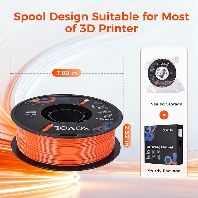 Sovol 3D Printer Rapid PETG Filament 1.75mm 1KG (2.2lbs), High Precision, Strong Toughness, Wiring Tightness, Dimensional Accuracy +/- 0.03 mm, 3D Printing High Speed PETG Filaments, Orange