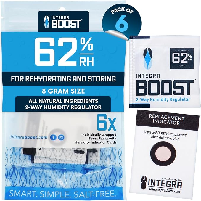 Integra Boost 62% RH, 2 Way Humidity Control Packs – 8g Size for Storing Up to 1oz – Pack of 6 Moisture Absorbers for Small Jars & Containers – Humidifier Packets for Herbs & Spices in Resealable Bag
