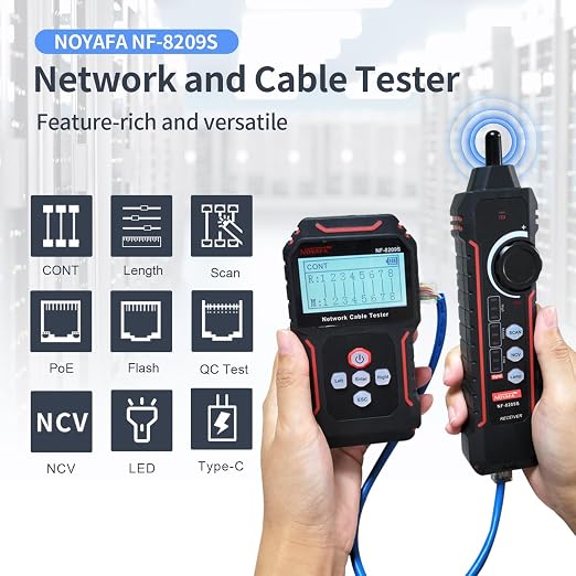NOYAFA NF-8209S Network Cable Tester, Ethernet Cable Tester with CAT5, CAT6 Line Tracer, PoE, NCV, Length Test, Port Flashing, Fault Line Scan for Cable Grooming, LAN Network Cable Tracer Kit