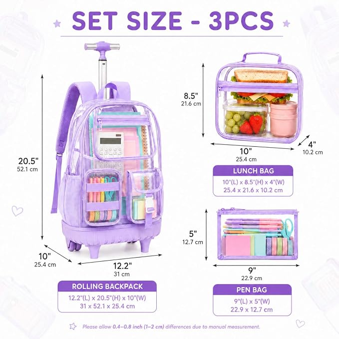 CCJPX 3Pcs Clear Rolling Backpack for Girls Women, Heavy Duty PVC Transparent Wheeled Bookbag, See Through School Bags with Wheels for Teens Elementary Travel - Purple