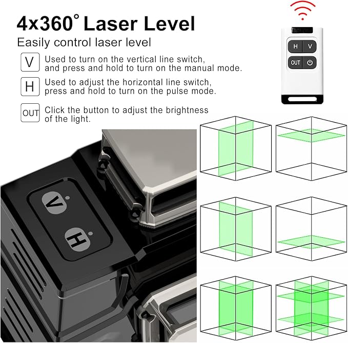 Laser level, Zokoun 360 self-leveling Laser Level 4D 16 lines green Laser Level with horizontal and vertical lines construction picture hanging, with magnetic bracket and 5000mAh lithium-ion battery