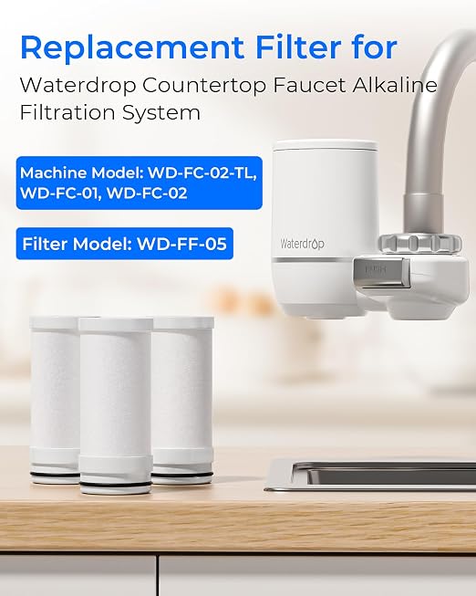 [Original] Waterdrop FF-05 Alkaline Water Filter Replacement for Waterdrop WD-FC-02T/FC-02/FC-01/FC-06, Water Filter for Sink Faucet, Reduces Chlorine, Sediment, Bad Taste & Odor, 9 Months, 3 Pack