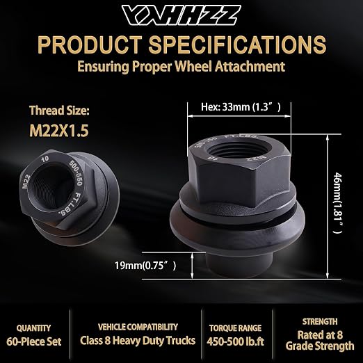 60 Pieces Two-Piece Flanged Wheel Lug Nuts, M22x1.5 Hex 33mm, Black Steel, for Heavy Duty Truck and Semi Truck, Hub Piloted Seat with 26mm Bolt Hole