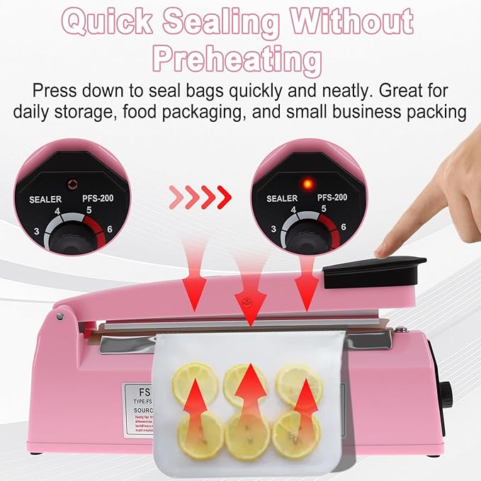 8 Inch Impulse Sealer, Manual Heat Sealer Machine for Mylar Bags, Shrink Wrap Bag Sealers Sealing Machine for Plastic PE PP Bags with 3 Free Replacements Kit Element Grip, Pink