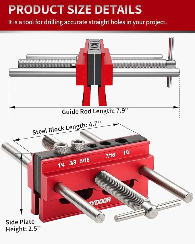 DAYDOOR 6.7" Self Centering Dowel Jig, Wide Capacity Doweling Jig & Drill Guide for Woodworking, Complete Kit with 6 Steel Bushings for Straight Holes(Red)