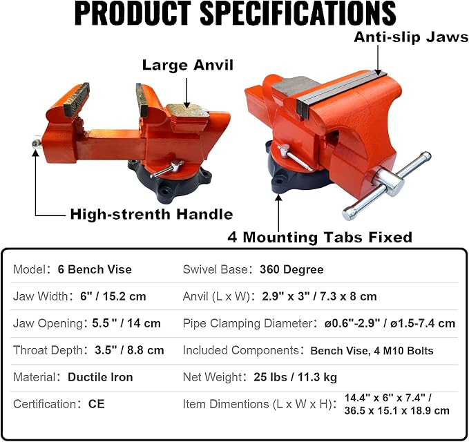 Bench Vise 6 Inch Jaw Width 5.5 Inch Jaw Opening Home Vise - Secure Grip with 360° Swivel Base Home Vise Rotation Base - Assembled with a Combination of Heavy Duty Cast Iron and Steel - Orange