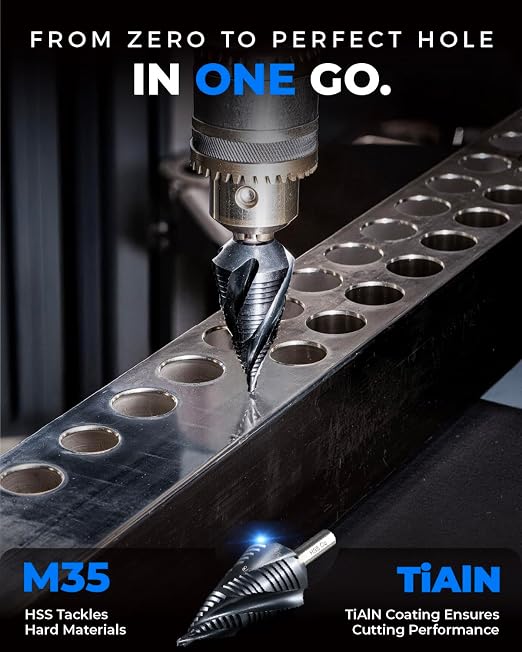 toolant Four Spiral Flute Cobalt Step Drill Bit(Pro), 1/8"-1/2" Impact Ready Unibit Step Drill Bit, 1/4" Hex Shank Unibit for Metal, Stainless Steel, Aluminum, Plastic
