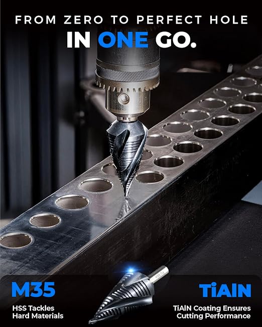 toolant Four Spiral Flute Cobalt Step Drill Bit(Pro), 1/4"-1-1/8" Impact Ready Unibit Step Drill Bit, 1/4" Hex Shank Step Bit for Metal, Stainless Steel, Aluminum, Plastic