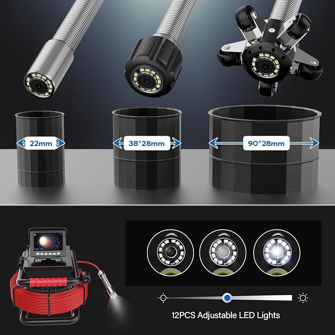 Sewer Camera 100FT/30M Sewer Pipe Inspection Camera with 12 Adjustable LEDs,4.3" IPS Screen IP68 Waterproof Drain 22MM 1200TVL Pipeline Industrial Endoscope for Wall Duct Pipe Plumbing