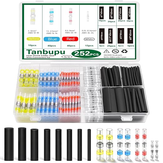 252PCS Heat Shrink Solder Seal Wire Connectors Kit -120 Waterproof Butt Connectors &132 3:1 Heat Shrink Tubing, Marine-Grade Insulated Electrical Wire Terminals for Automotive, Boat, Truck