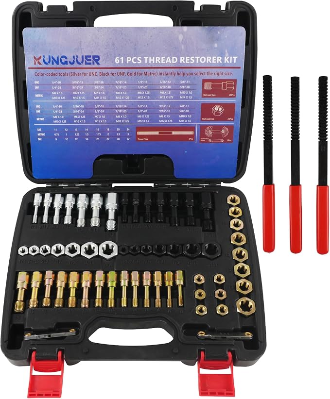 61PCS Master Thread Rethreading Kit,UNC UNF Metric Thread Chaser | Thread Restorer Tool with Thread Pitch Gauge, Designed to Repair or Reshape Damaged Threads on Bolts, Screws, or Nuts