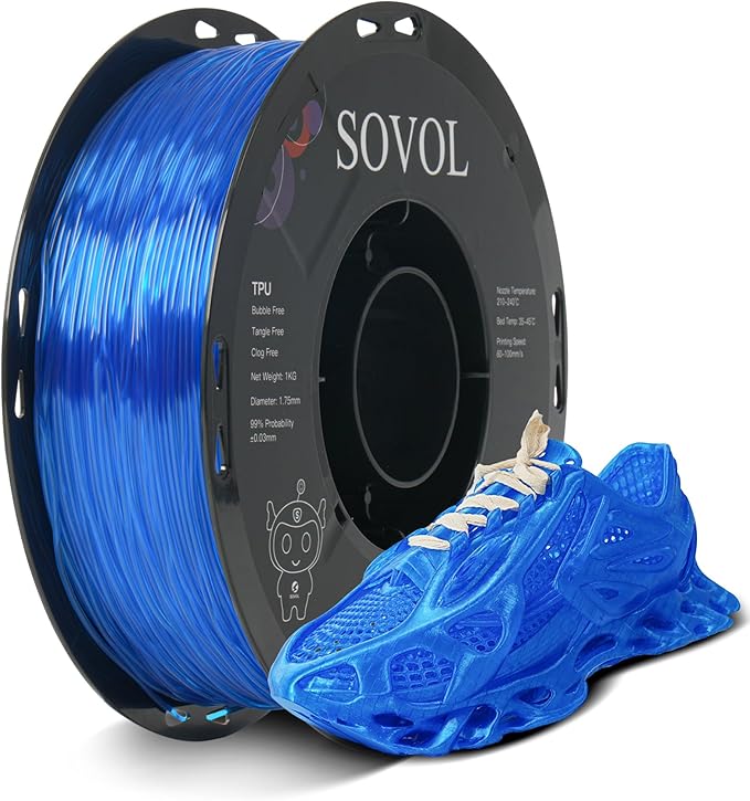 Sovol TPU Filament 1.75mm, 95A Soft TPU Flexible 3D Printer Filament with High Elasticity, 1kg (2.2lbs), Dimensional Accuracy +/- 0.03 mm, Fit Most FDM Printer, Clear Blue