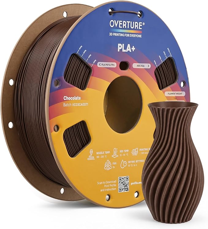 OVERTURE High Speed PLA+ 3D Printer Filament 1.75mm, Upgraded Rapid PLA 2.0 with Enhanced Toughness & Stability, 1kg Spool (2.2lbs) Fit Most FDM 3D Printers (Chocolate)