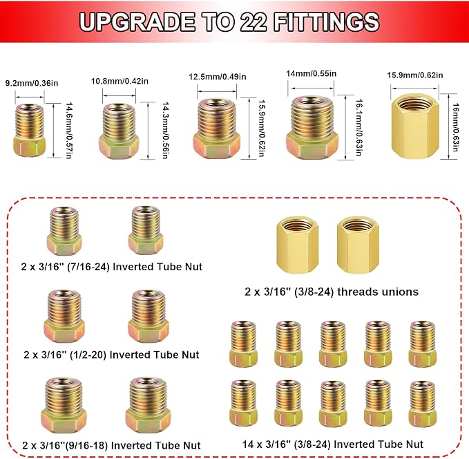 Tnisesm 3/16Inch Brake Line kit Include Zinc-Plated Brake Lines with Fitting (16Pcs Fittings,2Pcs Unions+4Pcs Nut) Brake line Bender Single Flare Tool,Cutter 3/16Inch Brake line kit