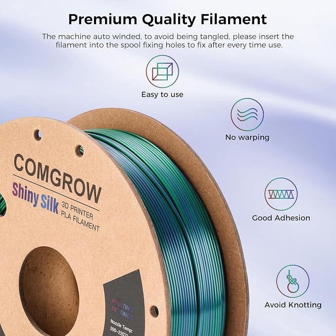 Comgrow Tri-Colors Silk PLA 3D Printer Filament, Rainbow PLA Filament 1.75mm, Dimensional Accuracy +/- 0.02 mm, 1KG Spool, Coextrusion 3D Filament with Shiny Silk Copper-Green-Purple