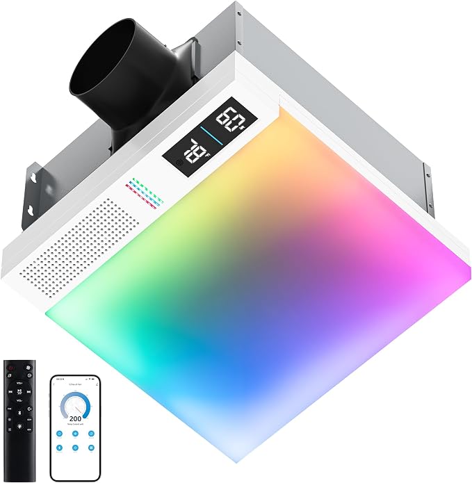 VallisCo Bathroom Exhaust Fan with Light, Bluetooth Speaker, Odor & Humidity Sensors, 230 CFM Quiet Ceiling Fan with 3 Dynamic RGB Lighting, 3CCT - Remote App Control - Compatible with Alexa