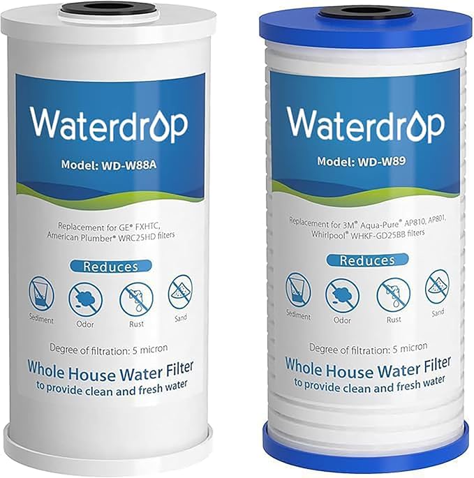 Waterdrop WF10PG Whole House Water Filter, Compatible with WHF21-PG, GE® FXHTC, GXWH40L, 3M® Aqua-Pure AP810, Culligan® RFC-BBSA, Any 10" x 4.5" System, Reduces Sediment, Chlorine, Taste, Odor
