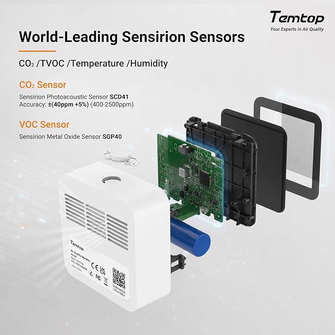 Temtop M10+ 6-in-1 CO2 Meter & Indoor Air Quality Monitor | PM2.5, TVOC, AQI, E-Ink Display, 60-Day Battery, App Temperature & Humidity for Home Bedroom Office