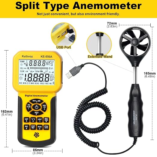 Kethvoz 856A HVAC Anemometer, Commercial CFM/CMM Air Flow Tester w/USB Data Storage & PC Connect - Measures Wind Speed, Air Volume, Temperature for AC, Ducts, Dust Collection Systems