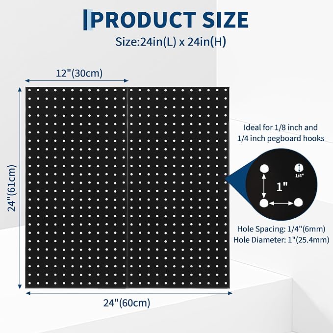 GarveeHome Heavy Duty Wall Mounted Metal Pegboard Panels – 2 PCS 24"x12" Black Steel Tool Storage Organizer for Garage, Workshop, Workbench, Craft Room – Versatile, Durable Layout – Easy Install – 2