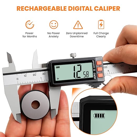 HARDELL Digital Caliper, Rechargeable Calipers with Battery Display, Auto-Off Caliper Large LCD Screen, 6 inch Micrometer, Inch/MM/Fraction for DIY/Household/Jewelers