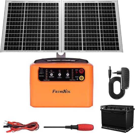 24 Hour Solar Electric Fence Charger, 30 Miles Solar Fence Energizer, 12KV Adjustable Output, 1.5J Solar Charger, 15W Solar Powered Electric Fence Kit for Livestock, Predator Protection
