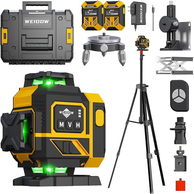 Premium 4×360° Green Laser Level Kit, Self-Leveling, Pulse Mode, Dual Batteries, Tripod & Full Accessories for Construction DIY