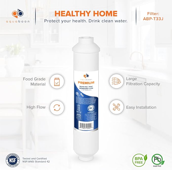 Aquaboon T33 Inline Carbon Filter - 1/4 Inline Water Filter for Refrigerator T33 Inline Ro Post/Granular Activated Carbon (GAC) Polishing Water Filter Cartridge for Reverse Osmosis System 2-Pack