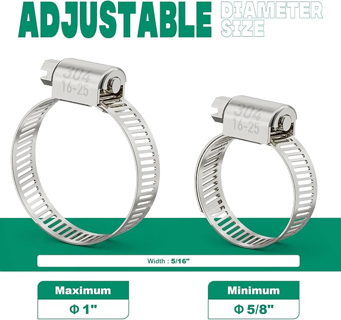 OURU 30PCS Hose Clamps Stainless Steel Adjustable 5/8"–1"(16-25mm) Worm Gear Hose Clamp, Heavy Duty Metal Small Hose Clamps for Automotive, Pipe, Radiator Plumbing, Fuel Line