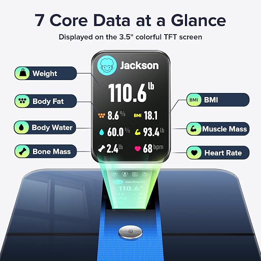 RunStar Scale for Body Weight, Precision Digital Bathroom Smart Scale with 3.5" TFT Color Large Display for BMI Muscle Mass Heart Rate, 22 Body Composition Analyzer Sync APP, 400lb