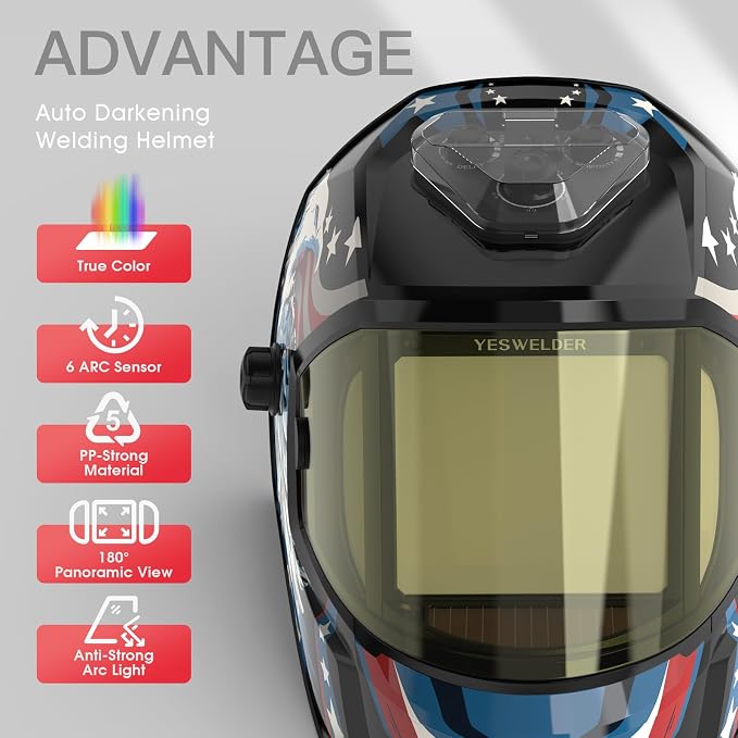 YESWELDER Panoramic Auto Darkening Welding Helmet with 6 Arc Sensors, Blue Light Blocking, 1/1/1/1 True Color Large View with Side Lens(DIN5, Auto Dimming), Type-C Charging, Wide Shade for TIG MIG ARC
