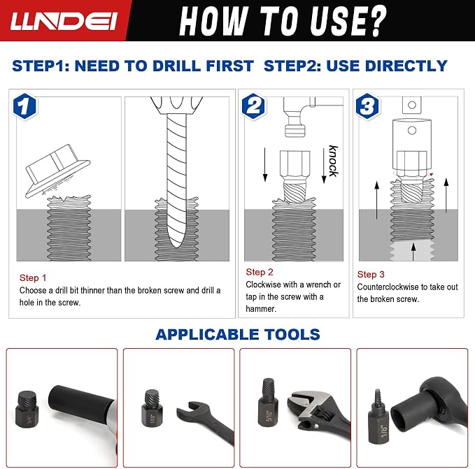 LLNDEI Screw Extractor Set Hex Head Multi-Spline Easy Out Bolt Extractor Set, EZ Out Rounded Screw Remover, 1/8 Inch to 7/8 Inch in 1/32-Inch Increments, CR-MO, 25 Pieces, Stripped Fastener Tool