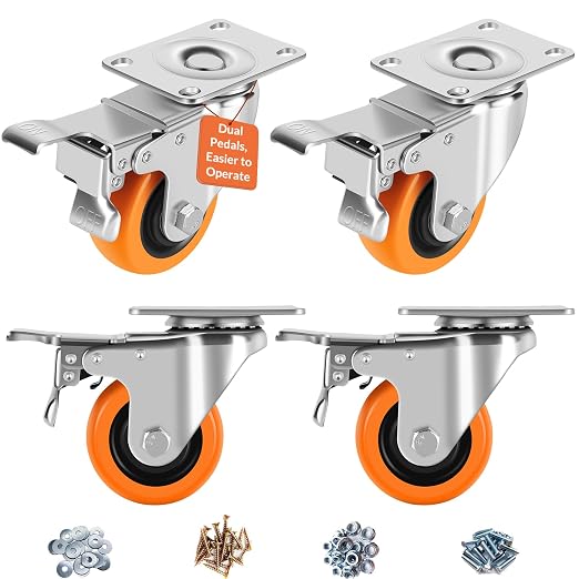 Caster Wheels, 3" Casters Set of 4 Heavy Duty - Dual Pedal Locking Casters with ON/Off Tabs (Easier to Operate), Swivel Plate Caster, No Marks Castor Wheels for Carts Furniture and Workbench