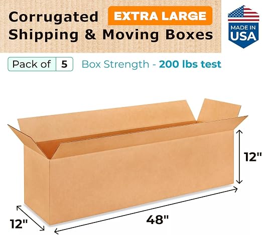 Extra Large Shipping & Moving Boxes 48 x 12 x 12"(5-Pack) - Extra Strength 200 lb vs Regular - USA-Made Corrugated Packing Boxes for Moving - Large Moving Box for USPS - Shipping Box by IDL Packaging