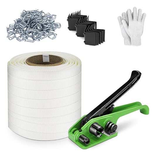 Heavy Duty Banding Strapping kit Contain 3/4"x 330' Woven Cord Packaging Straps & 100 Metal Wire Buckles 100 Plastic Edge Protectors Tensioner with Cutter Tool Glove