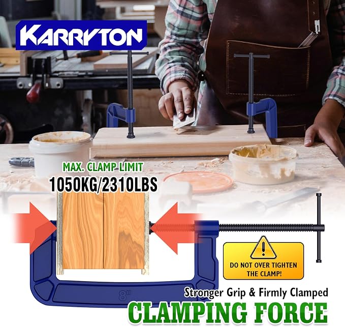 8 inch C Clamps, 3-3/4"(95mm) Large Deep Throat, Ductile Iron G-Clamp w/ 2930LB Clamping Force, Unique Ergonomic Design for Welding, Woodworking, Metal and DIY Projects, 4-Pack