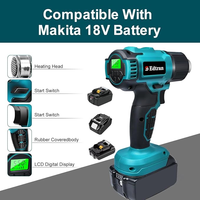 Cordless Heat Gun for Makita 18v Battery, 350W 122℉-1022℉ Fast Heating Soldering Hot Air Gun with LCD Digital Display for Shrink Tubing, PVC Wrap, Crafts, Car Wiring (No Battery)