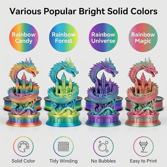 Silk PLA 3D Printer Filament Bundle 1.75mm Filajoy3D Multicolor 3D Printing Filament 250g*4 Dimensional Accuracy +/- 0.02mm for Most FDM 3D Printers