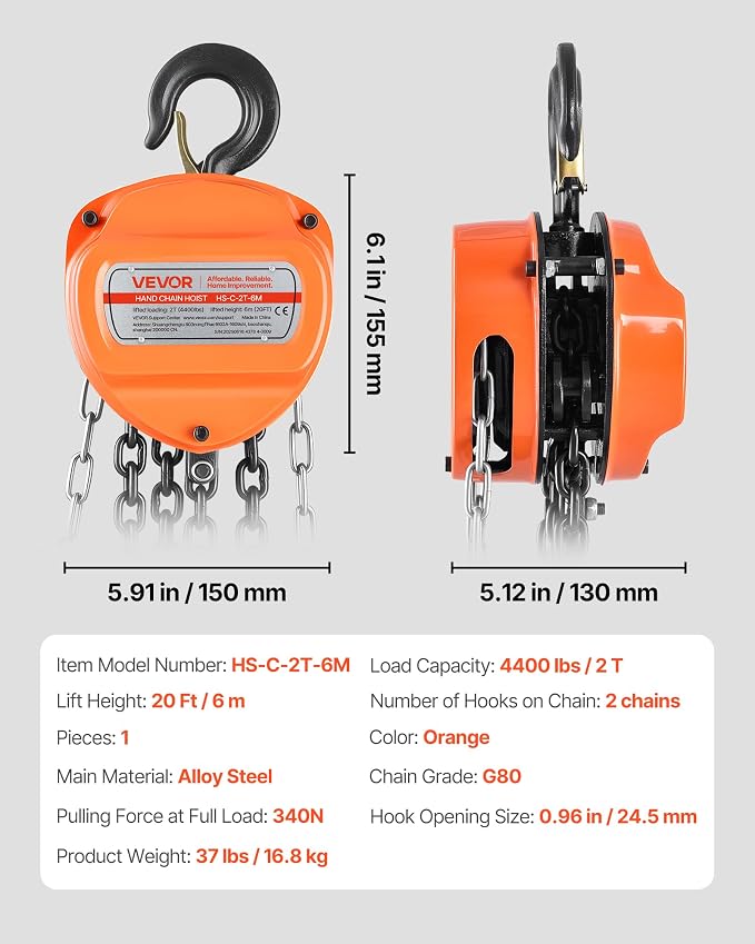 VEVOR Hand Chain Hoist, 2 Ton 4400 lbs Capacity, Manual Chain Block with Upgrade G80 Galvanized Chain, 20 ft Lifting Height, Heavy Duty Pulley Hoist for Garage Warehouse Automotive Machinery, Orange