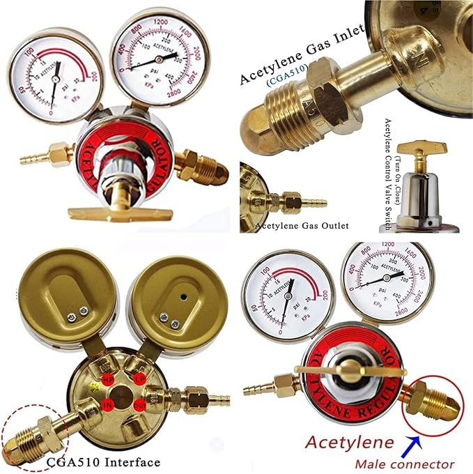 2pcs Dual Welding Gas Regulators, Oxygen (CGA-540) and Acetylene (CGA-510) Combo Brass Gauges Two-piece Suit Compatible with Victor Harris Torch Cutting kits