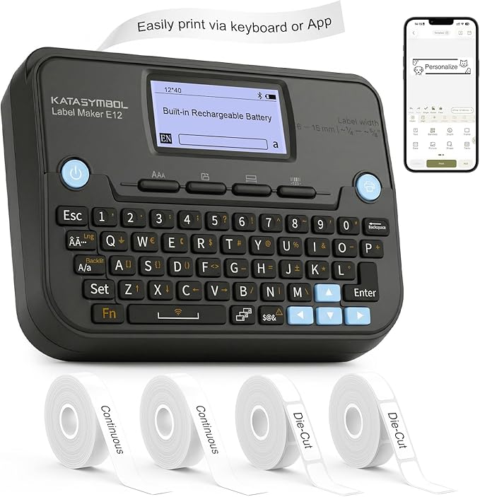 SUPVAN E12 Bluetooth Label Maker Machine with 4 Tapes, Support Keyboard & App with 30+ Fonts and 660+ Icons, Rechargeable Inkless Labeler for Office, Home, Kitchen, School, Organization, Black