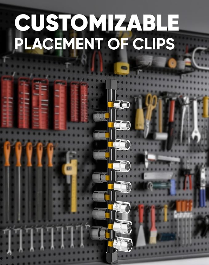 ALOANES 9PC Socket Organizer, Socket Rails Fit 1/2", 1/4" and 3/8" Drive | Heavy Duty ABS Socket Holders Hold up 129 Sockets for Toolbox Drawer Bags(Yellow)