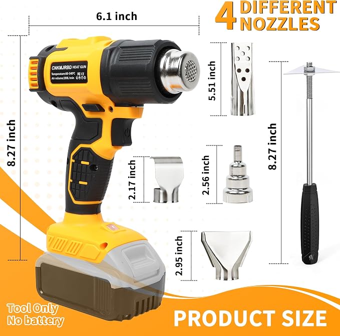 Cordless Heat Gun Compatible with DeWalt 20V Battery(Battery Not Included), 4 pcs Nozzles&Scraper, 4 Speed Airflow Control, Temperature Range 50-540℃, for Shrink Wrapping, DIY Crafts