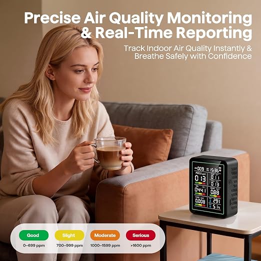 Air Quality Monitor Indoor, 10-in-1 Portable Smart Air Quality Tester for CO2 | TVOC | HCHO | AQI | PM2.5 | PM1.0 | PM10 | Temp | Humidity and Time for Home, Office, Cars, Hotel, School, Black