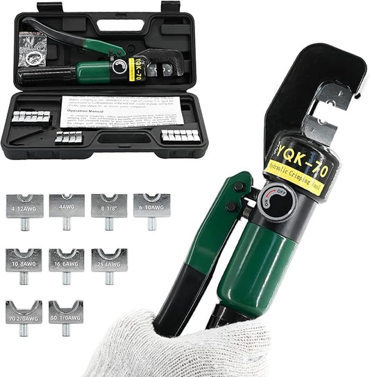 10T Hydraulic Crimping Tool Kit - 12 AWG to 2/0 AWG Battery Cable & Lug Crimper with 9 Pairs for Electrical Terminals Wire Crimper (Green)
