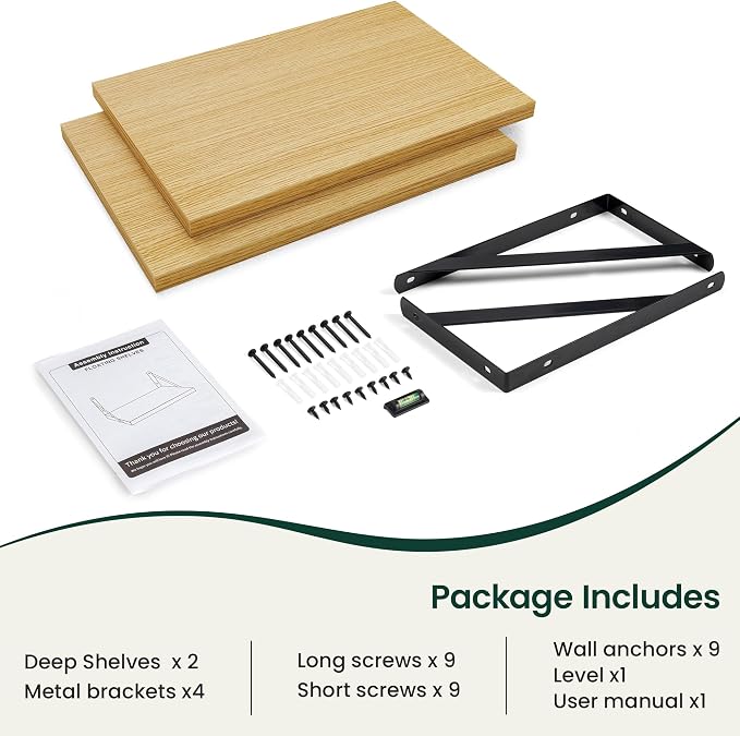 Floating Shelves 12 Inch Deep, 16W x 12D Wall Shelf Set of 2, 35 lbs Heavy Duty Reversible Metal Brackets, Deep Industrial Book Shelf for Living Room Kitchen Bath Bedroom Coffee Bar, Oak